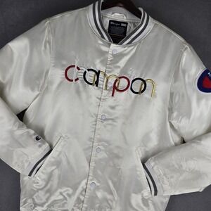 Kith Champion Jacket Mens Large White‎ Satin Bomber Quilted Varsity Logo Coat